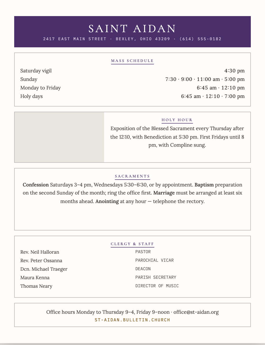 The back page: a violet masthead with the parish address, then the Mass schedule, Holy Hour, sacraments, and clergy and staff in ruled panels