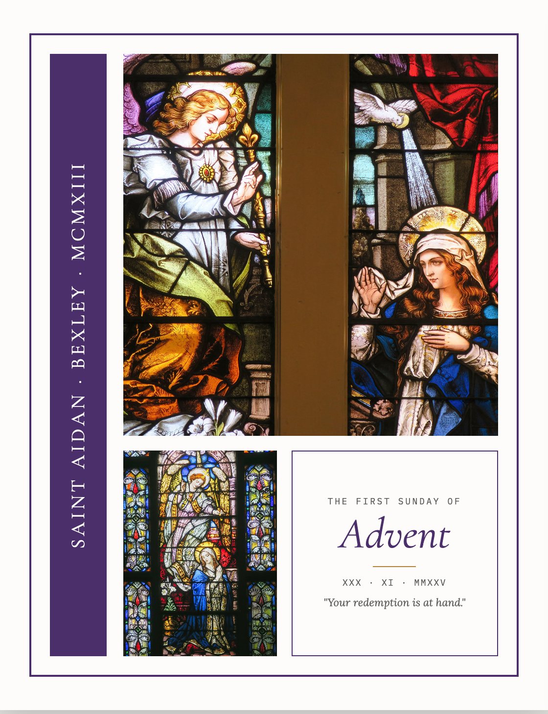The cover of a parish bulletin: a violet spine reading Saint Aidan, Bexley, MCMXIII beside a stained-glass plate, and a panel set The First Sunday of Advent