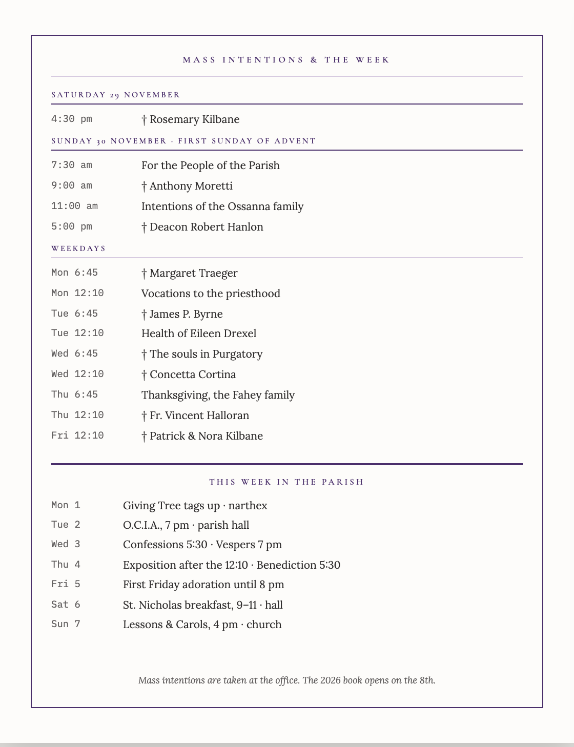 Mass intentions for the week set as a ledger, times in a monospace column beside the names, followed by This Week in the Parish