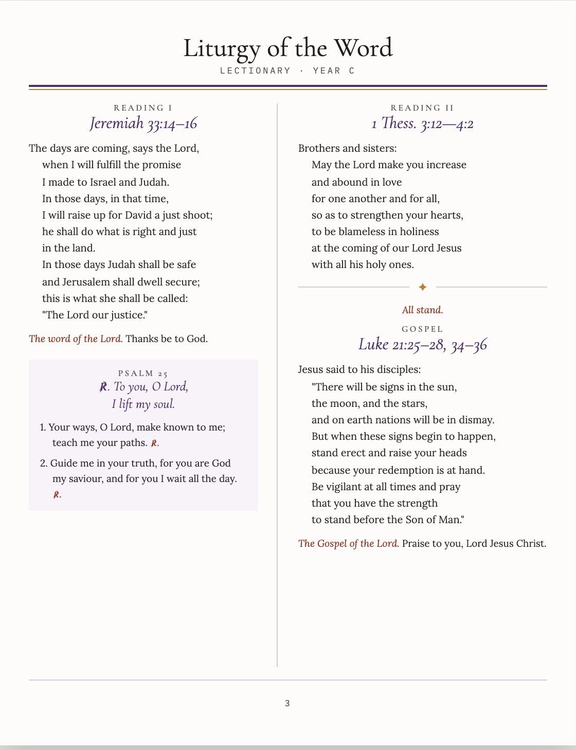 Liturgy of the Word set in two columns: the first reading, the psalm with its response, the second reading and the Gospel, under a rule in violet and gold